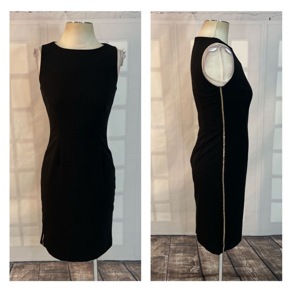 Calvin Klein Sleeveless Gold Chain Side Accent Black Sheath Dress Size 2